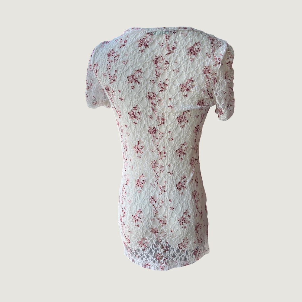 Maurices Lace Top Small White Red Floral Short Puff Sleeve Cottagecore Romantic - Picture 4 of 11